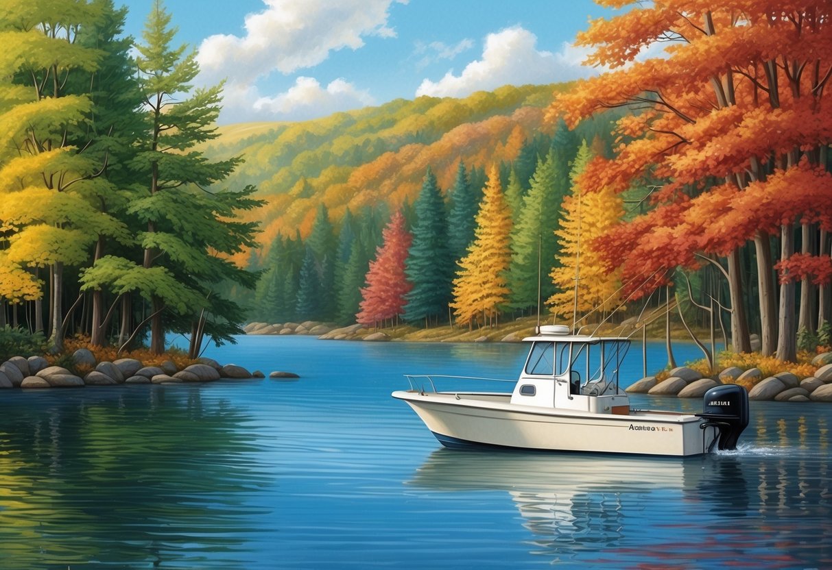 A serene lake surrounded by changing foliage, with a lone fishing boat adjusting its position as the seasons shift