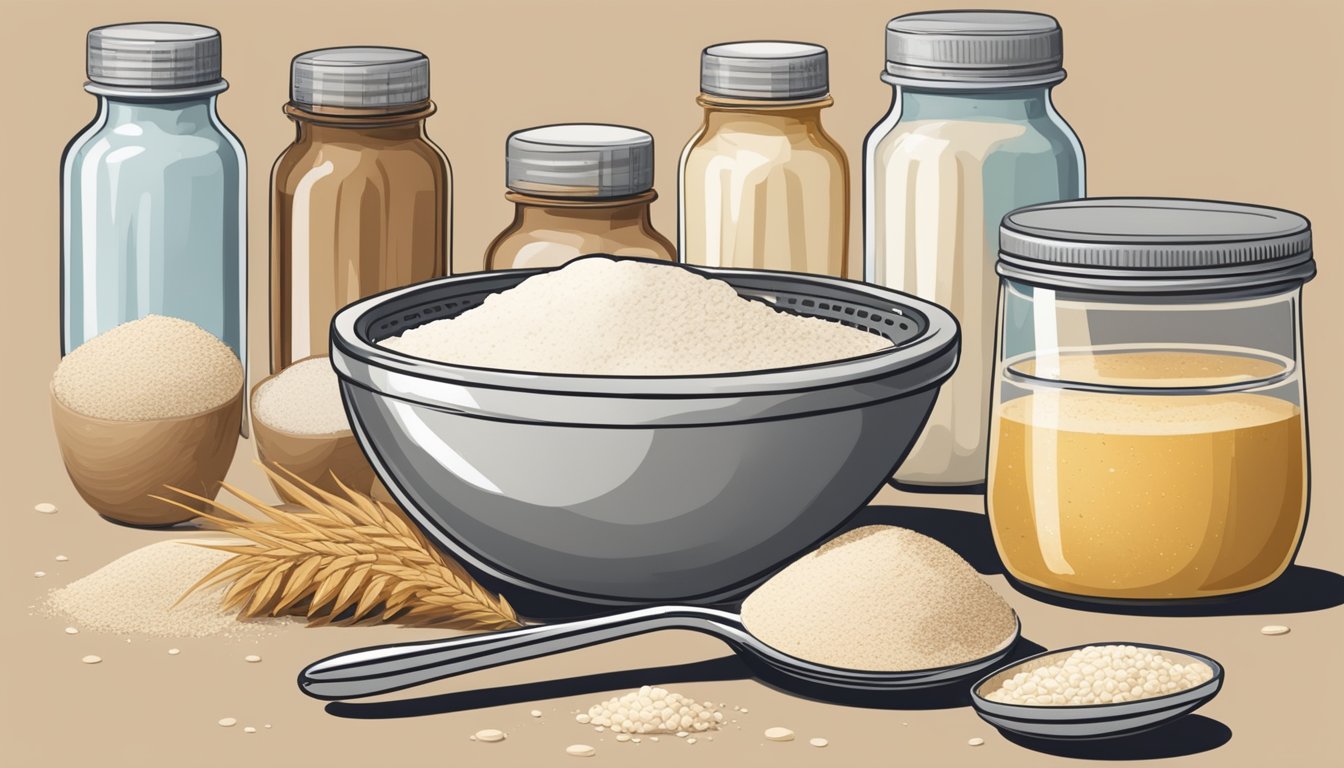 A measuring spoon with yeast spilling out, surrounded by various leavening alternatives like baking powder and sourdough starter