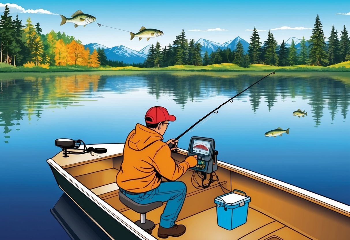 A fisherman using a sonar device to locate fish in a boat on a calm lake during different seasons