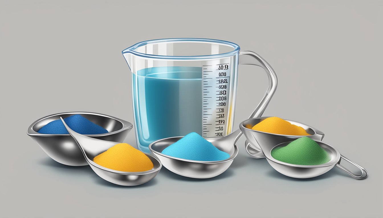 A measuring spoon with a pile of teaspoons next to a liquid measuring cup filled with an ounce of liquid