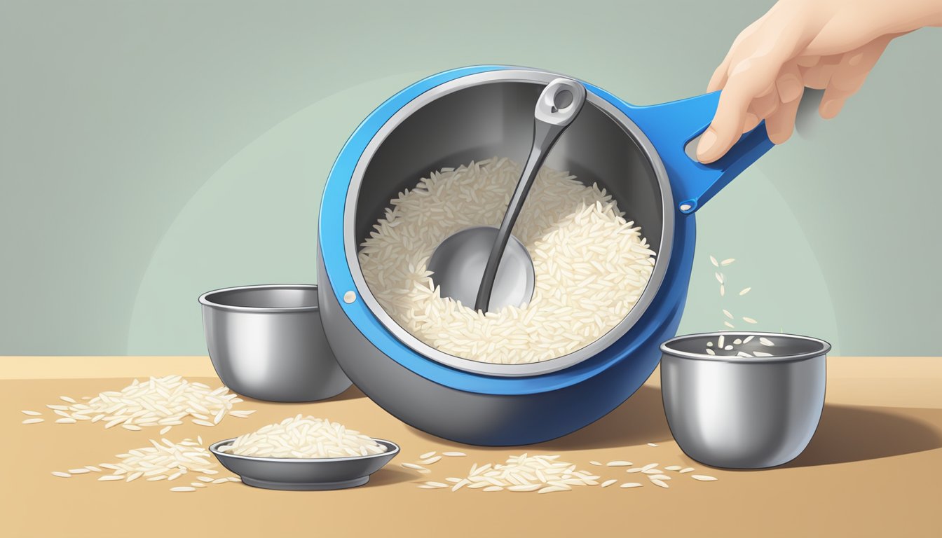 A measuring cup pouring rice into a pot