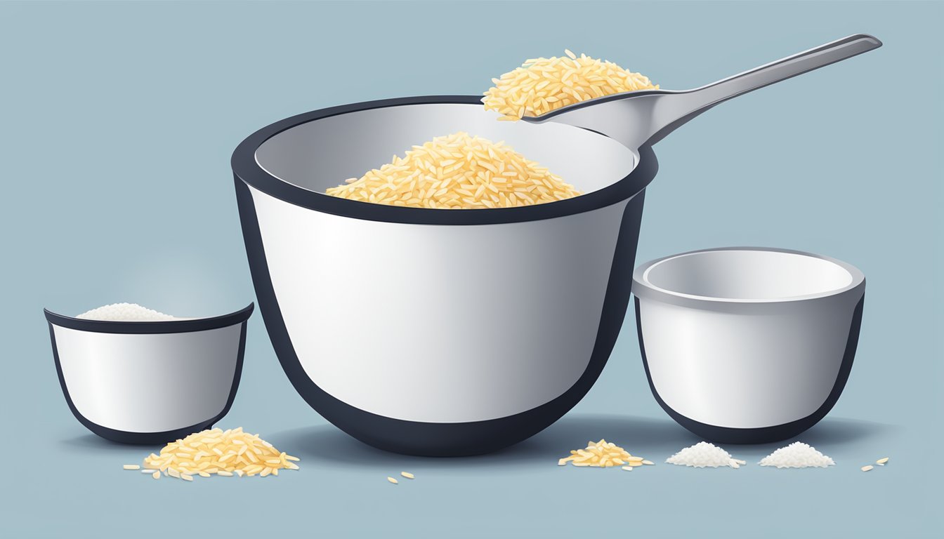 A measuring cup pouring rice into individual bowls