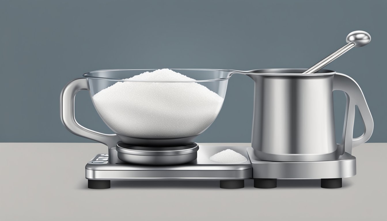 A measuring cup filled with sugar pouring into a scale, with a pound weight displayed