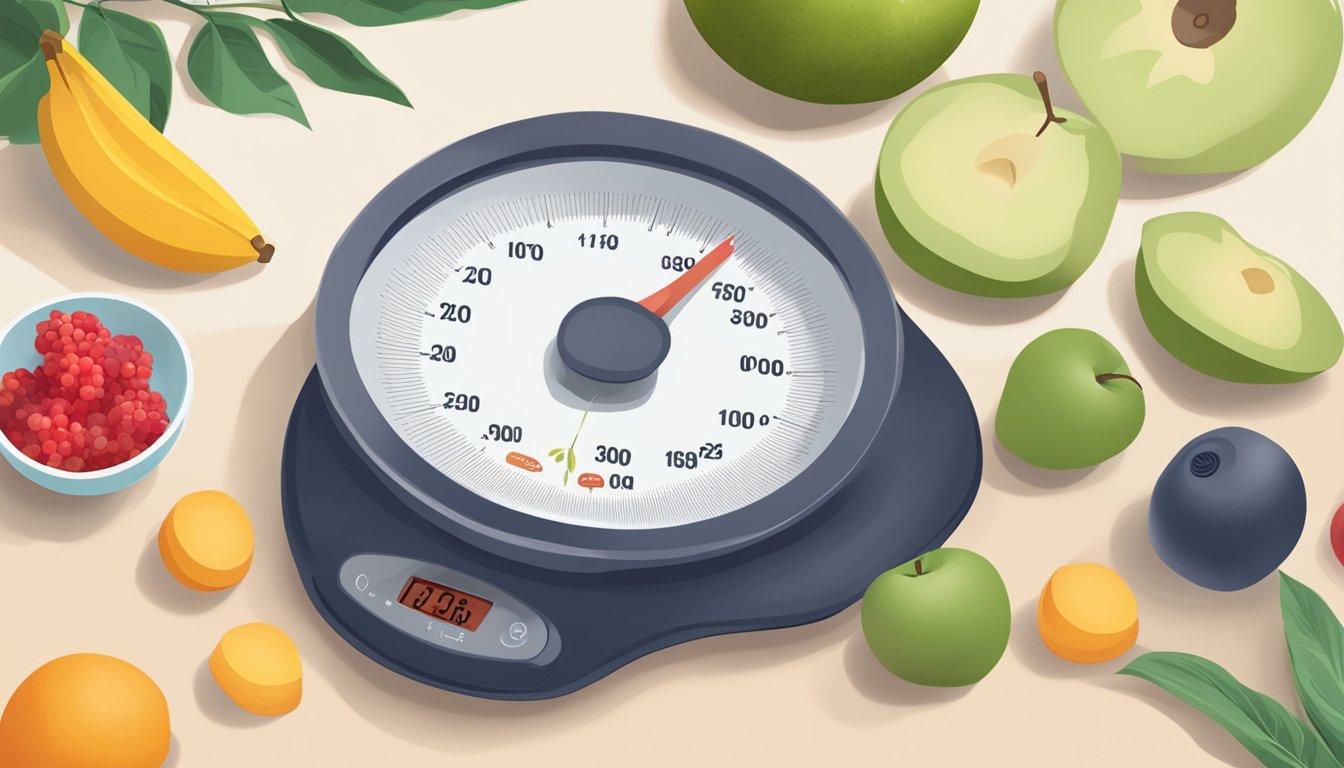 A kitchen scale on a clean, flat surface with a bowl of fruit nearby