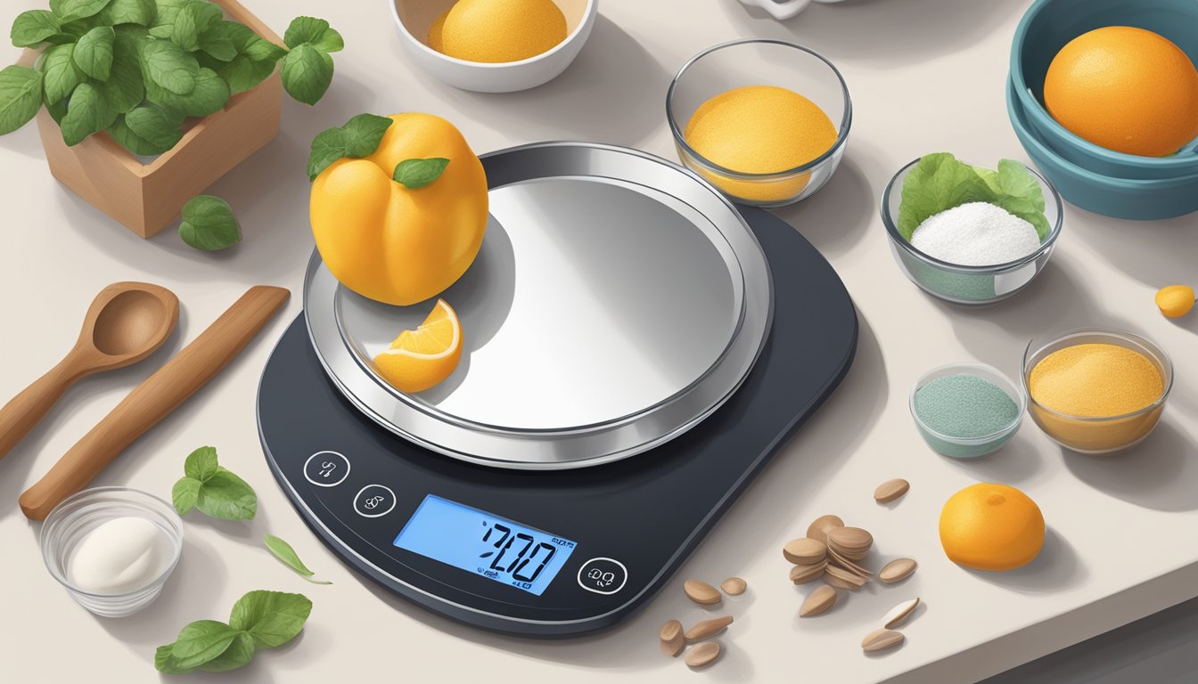 A kitchen scale sitting on a clean, clutter-free countertop with various ingredients and measuring tools nearby