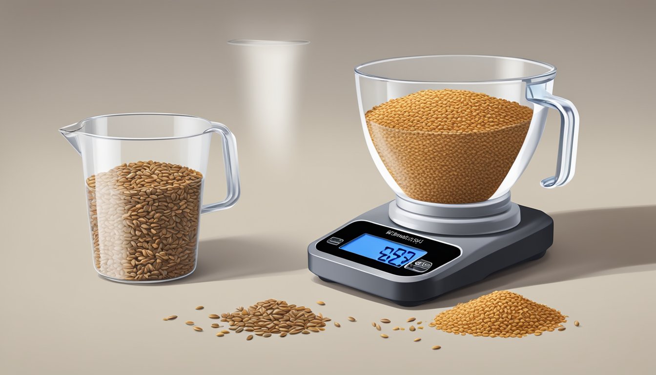 A measuring cup filled with flaxseeds next to a digital scale displaying the weight of one pound