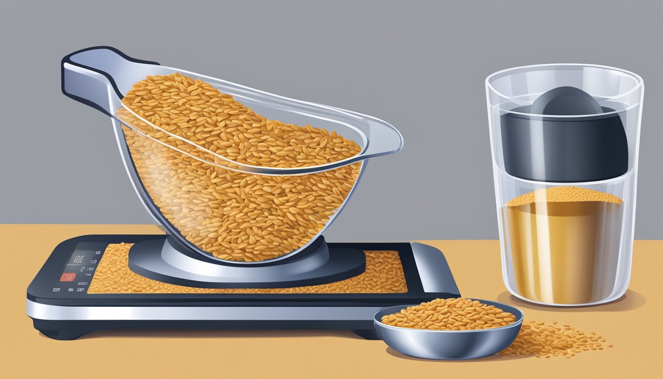 A measuring cup filled with flaxseeds next to a digital scale displaying the weight in pounds