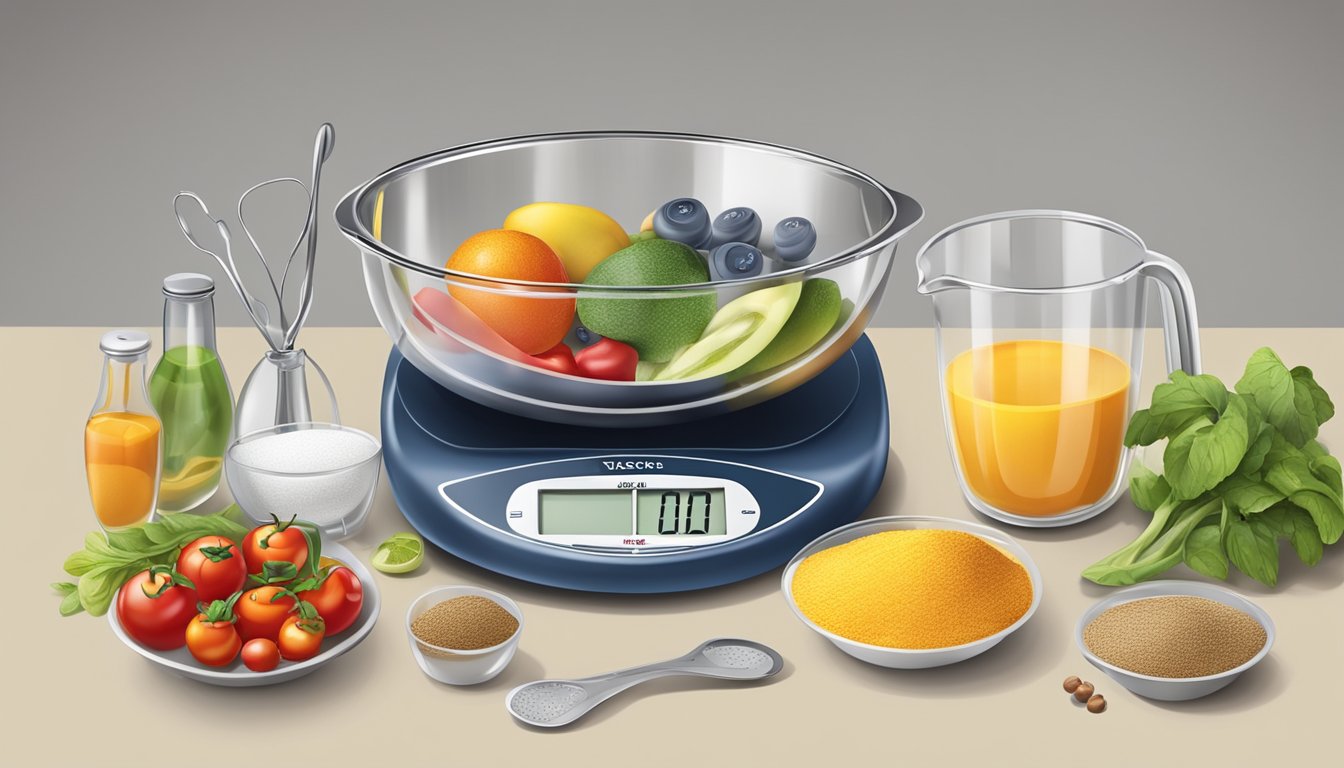 A kitchen scale with various ingredients neatly arranged around it, including measuring spoons and cups