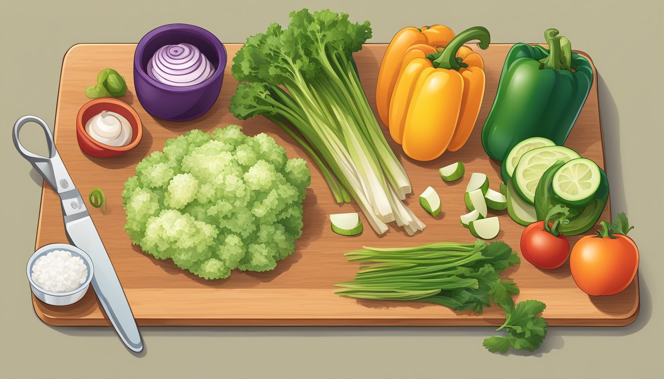 A cutting board with assorted chopped vegetables and measuring cups nearby