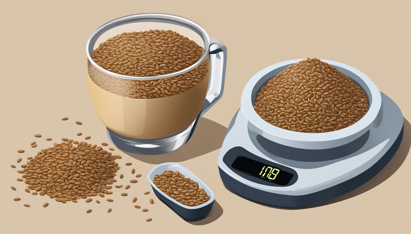 A measuring cup filled with flaxseeds, alongside a digital scale displaying the weight of one pound