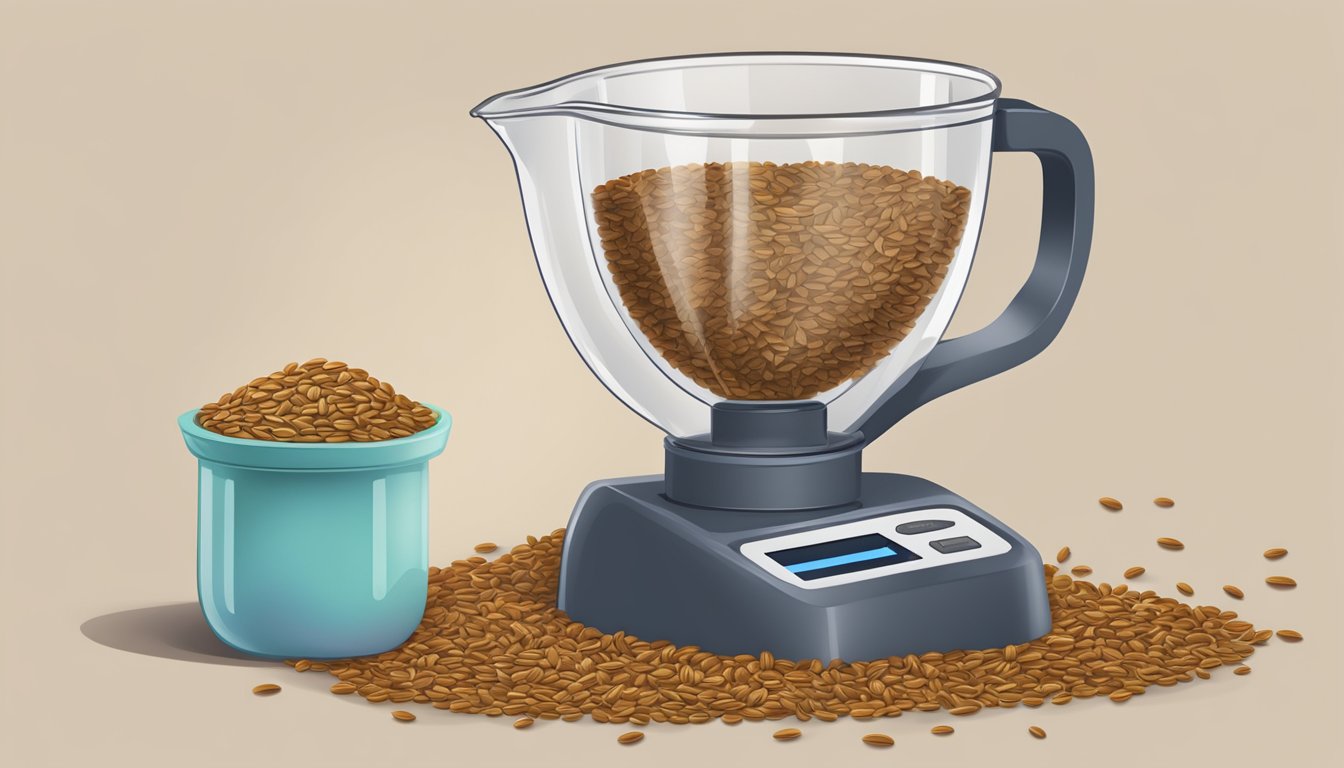 A measuring cup filled with flaxseeds spilling onto a scale, with a pound weight displayed