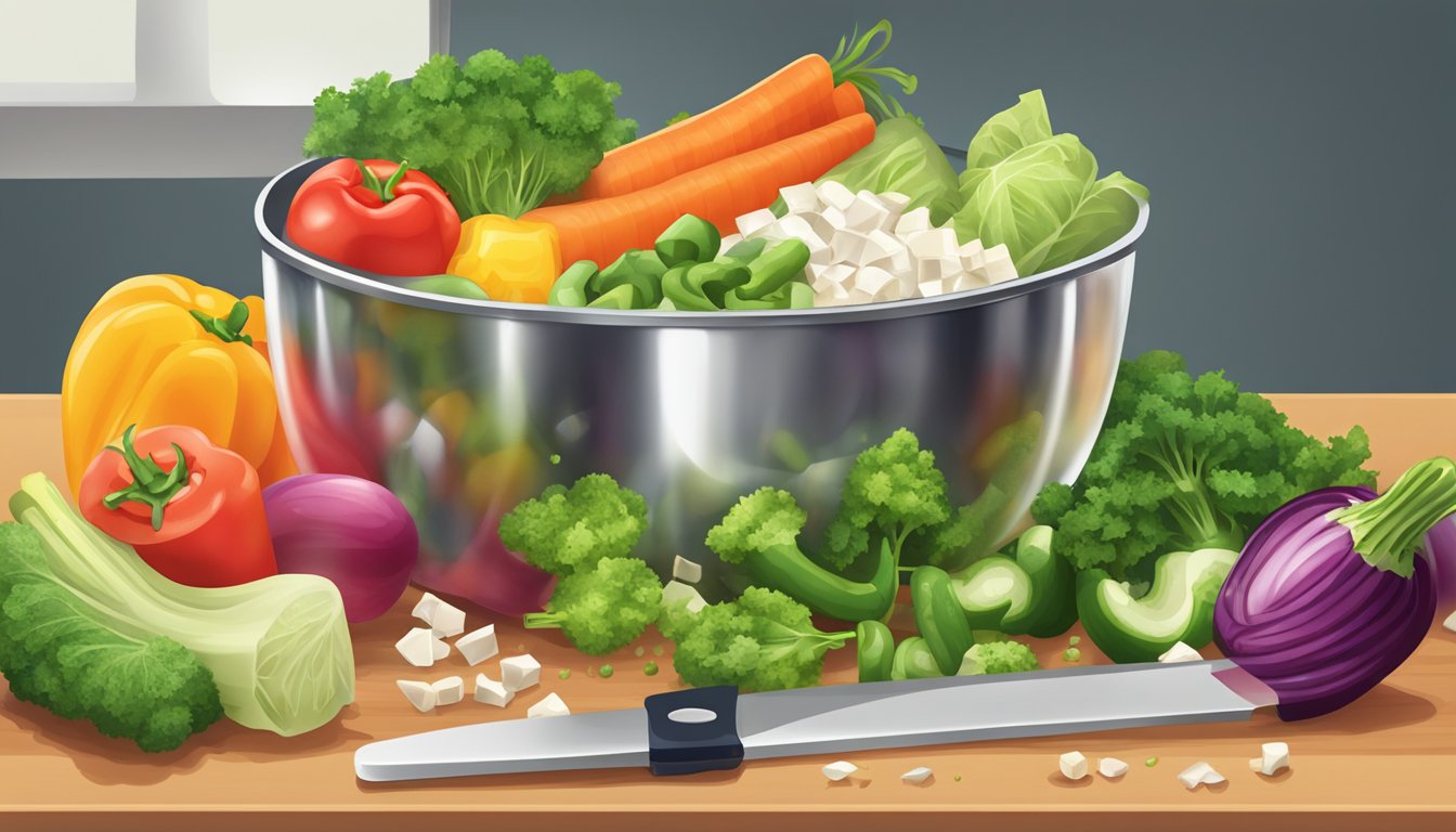 A pile of assorted chopped vegetables spilling out of a measuring cup onto a cutting board