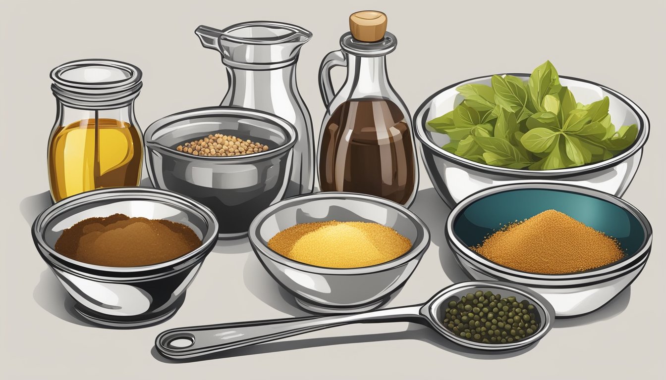 Various measuring spoons and cups arranged on a kitchen counter, alongside bowls of ingredients like oil, vinegar, and spices for a marinade