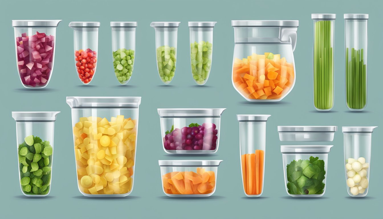 A variety of chopped vegetables filling measuring cups of different sizes