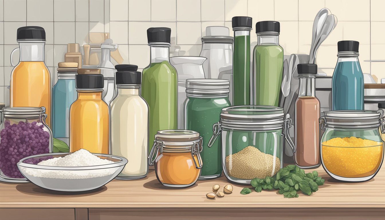 A hand reaching for various measuring spoons and bottles of ingredients, lined up on a kitchen counter