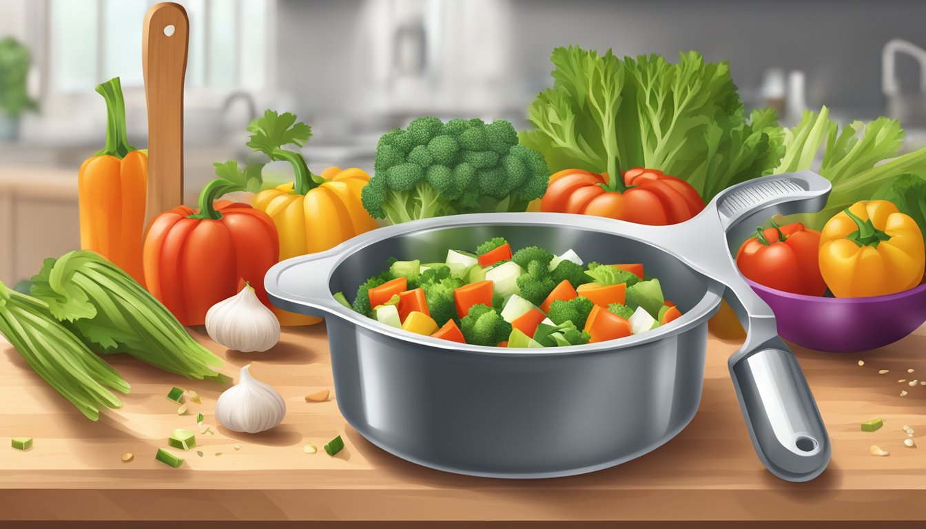 A measuring cup filled with chopped vegetables, surrounded by a cutting board and knife