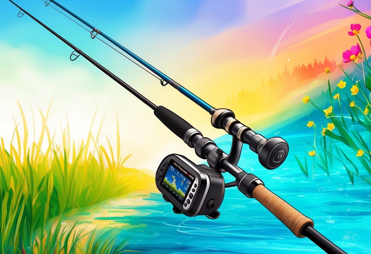A fishing rod with advanced electronics is set against a backdrop of spring turning into summer, with vibrant colors and a sense of anticipation