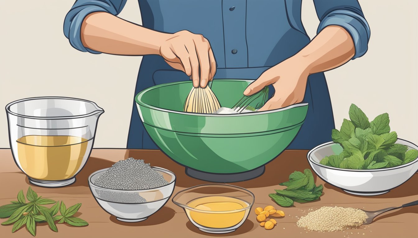 A hand pouring measured ingredients into a mixing bowl