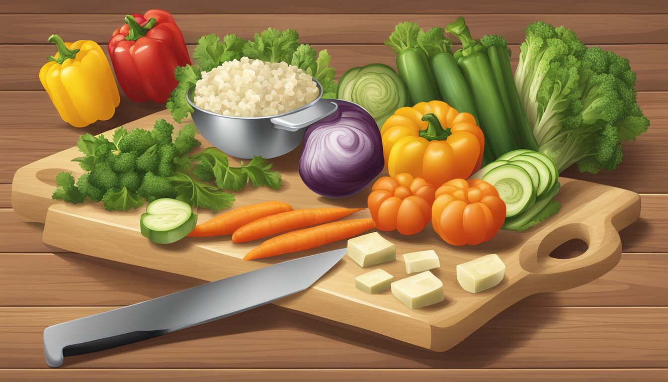 A cutting board with assorted chopped vegetables and measuring cups