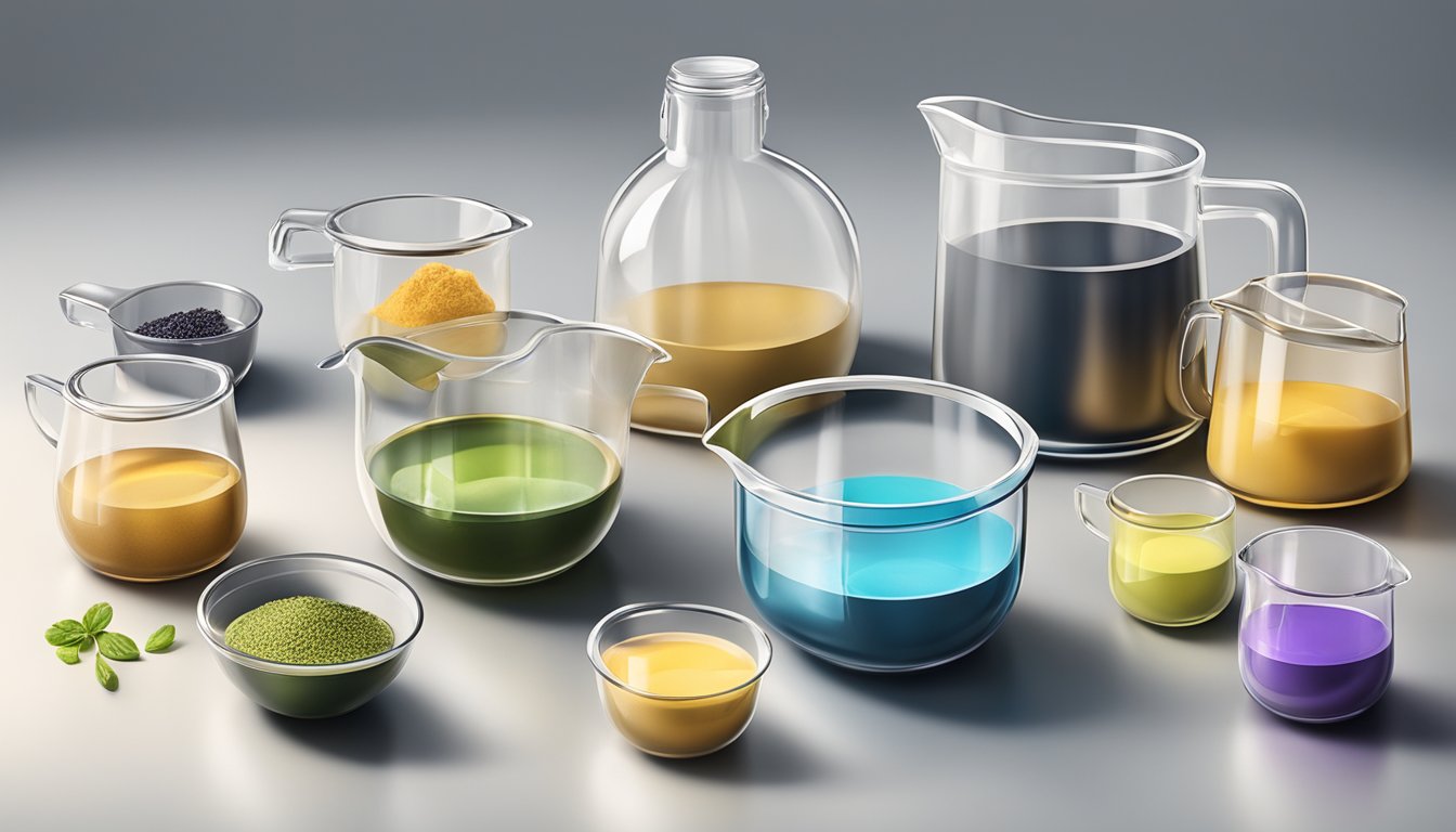 A set of dry and liquid measuring cups arranged neatly on a clean, flat surface with various ingredients nearby