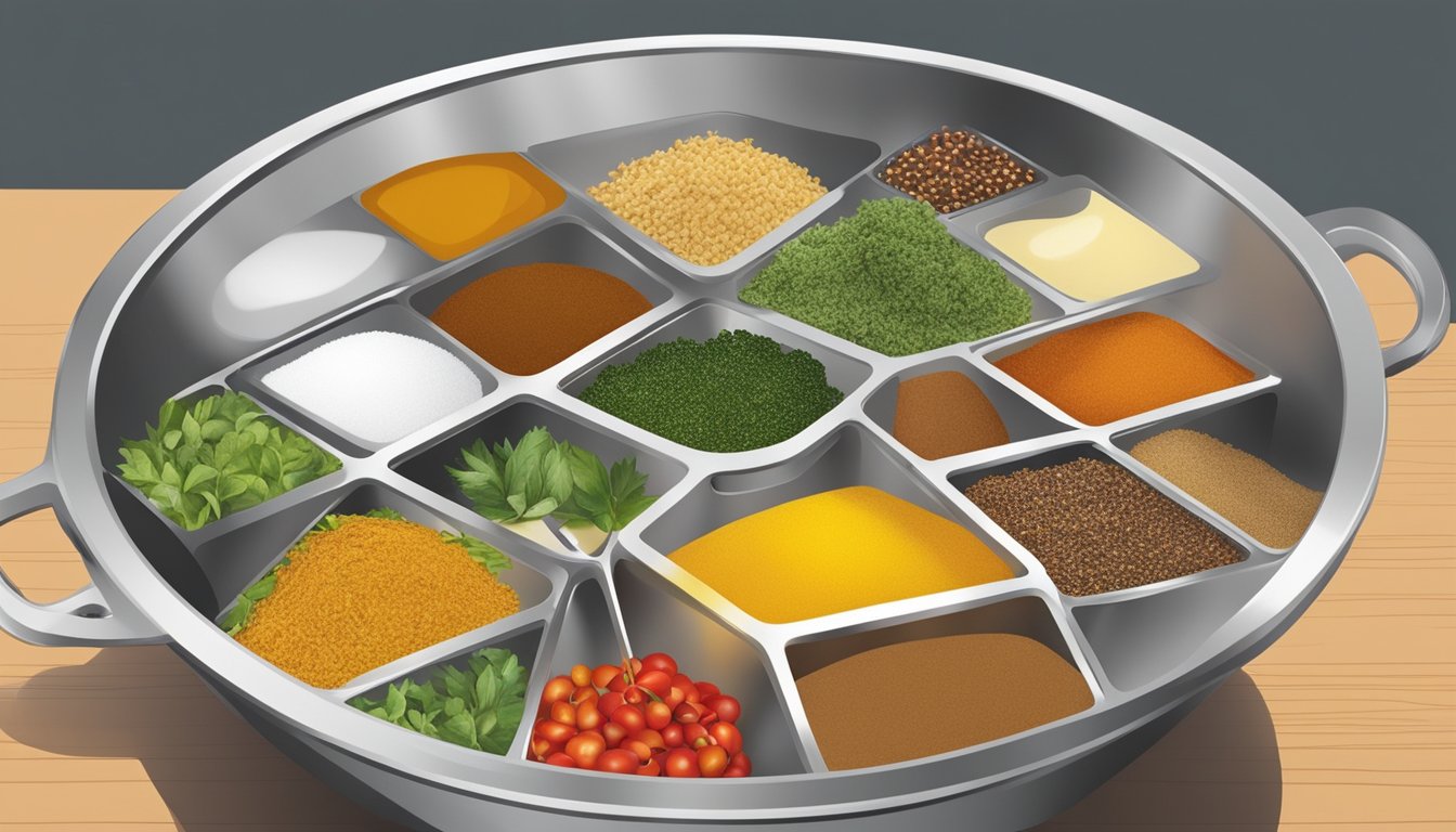 Various ingredients such as oil, vinegar, and spices are being measured and mixed in a bowl to create a marinade