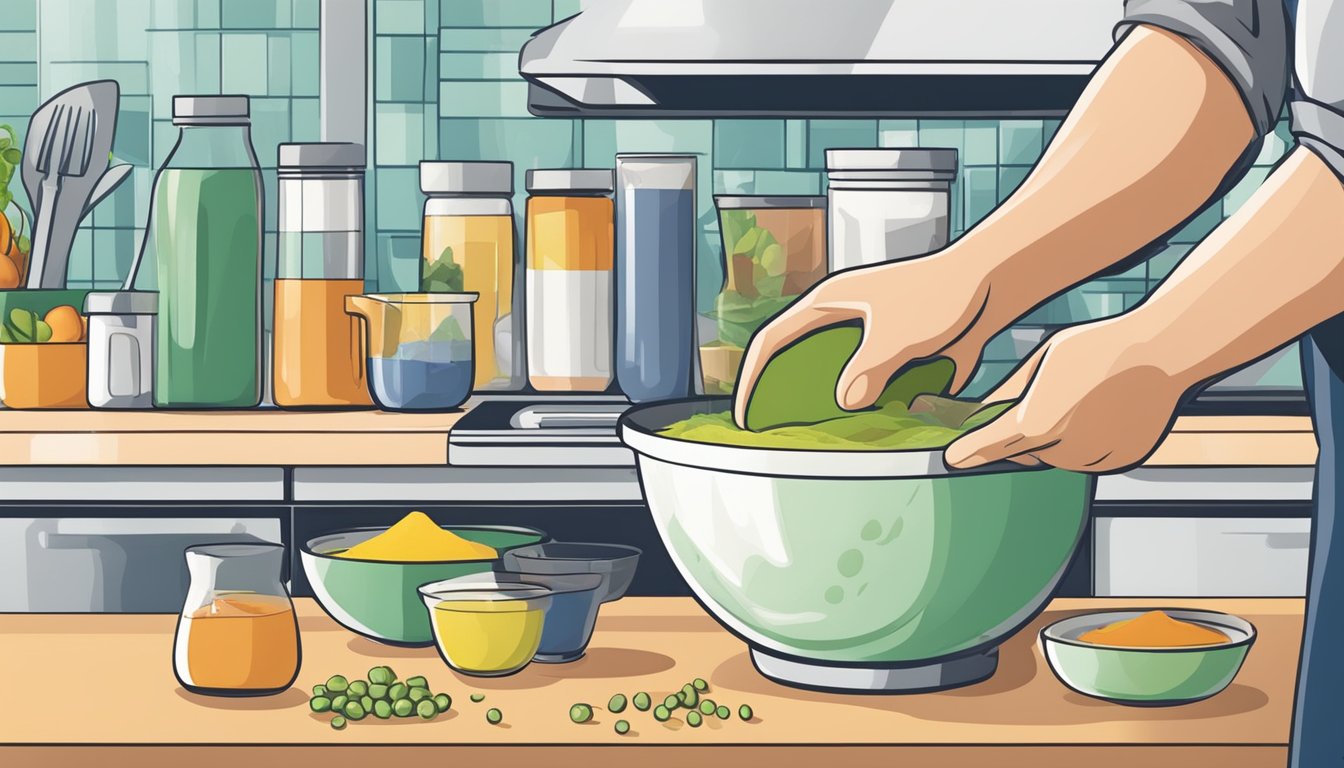 A hand pouring measured ingredients into a mixing bowl on a kitchen counter