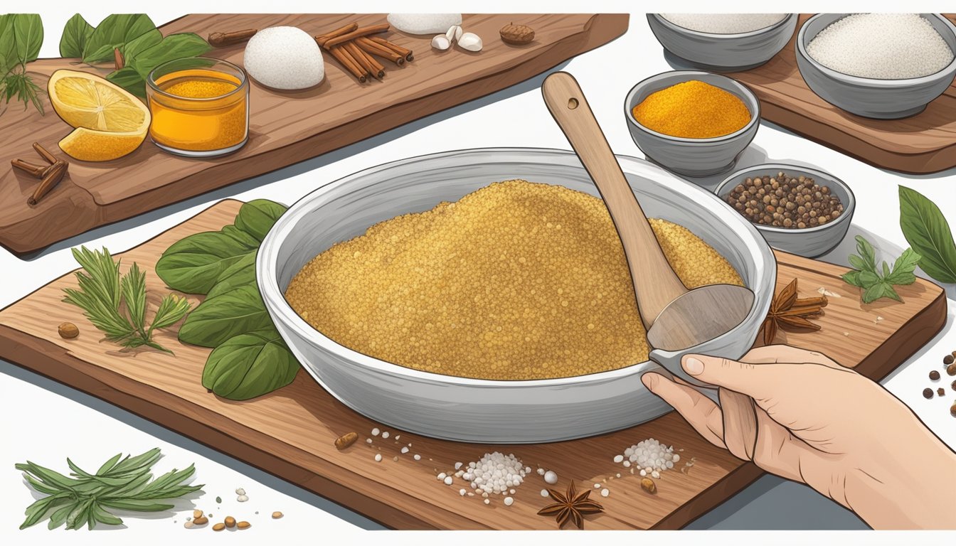 A hand reaching for a pinch of salt from a small bowl surrounded by various spices and herbs on a wooden cutting board