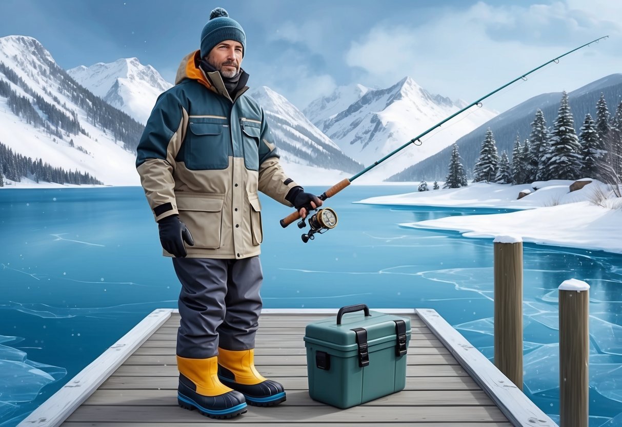 A fisherman wearing insulated boots, a waterproof jacket, and a warm hat, standing on a dock with a tackle box and fishing rod, surrounded by snowy mountains and a frozen lake