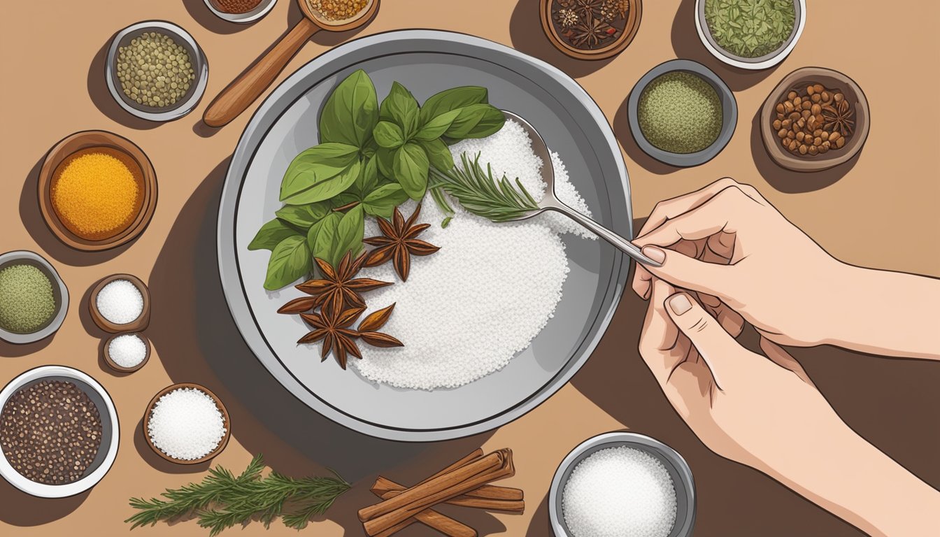 A hand holding a measuring spoon over a bowl of salt, with various spices and herbs arranged neatly on a countertop