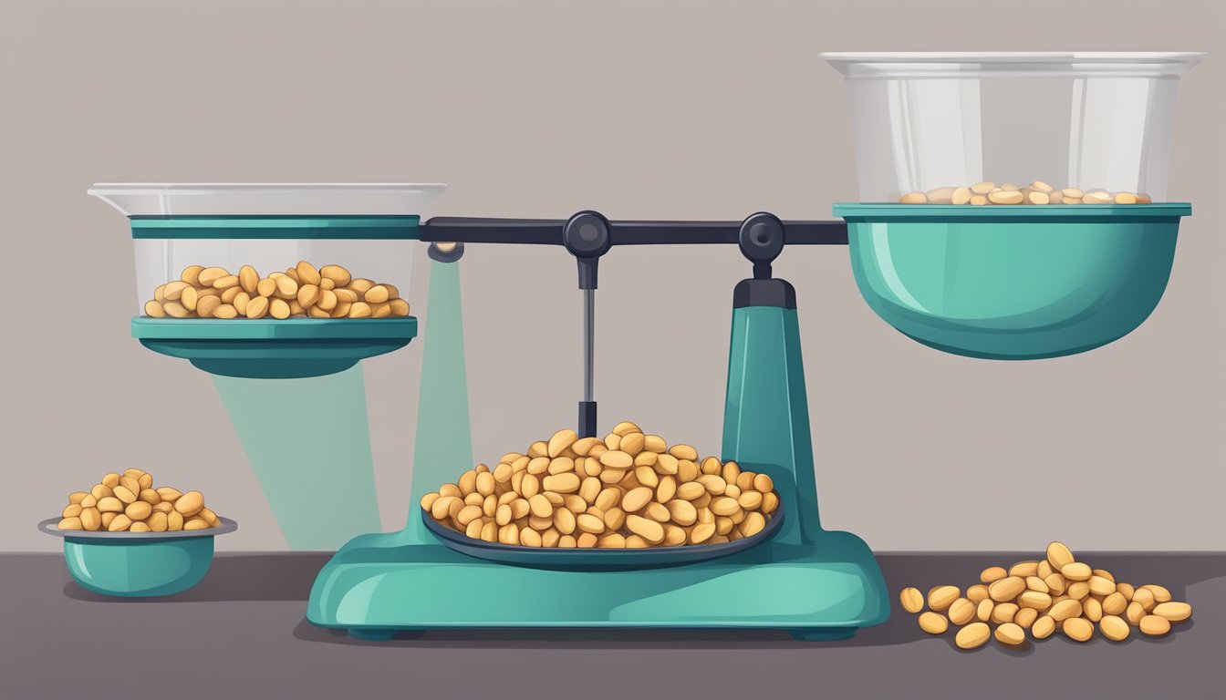 A scale with a pound of peanuts on one side and a stack of measuring cups on the other