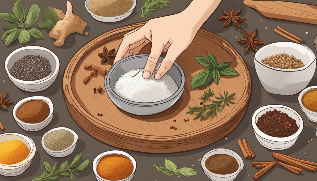 A hand reaching for a pinch of salt from a small bowl surrounded by various spices and herbs on a wooden cutting board