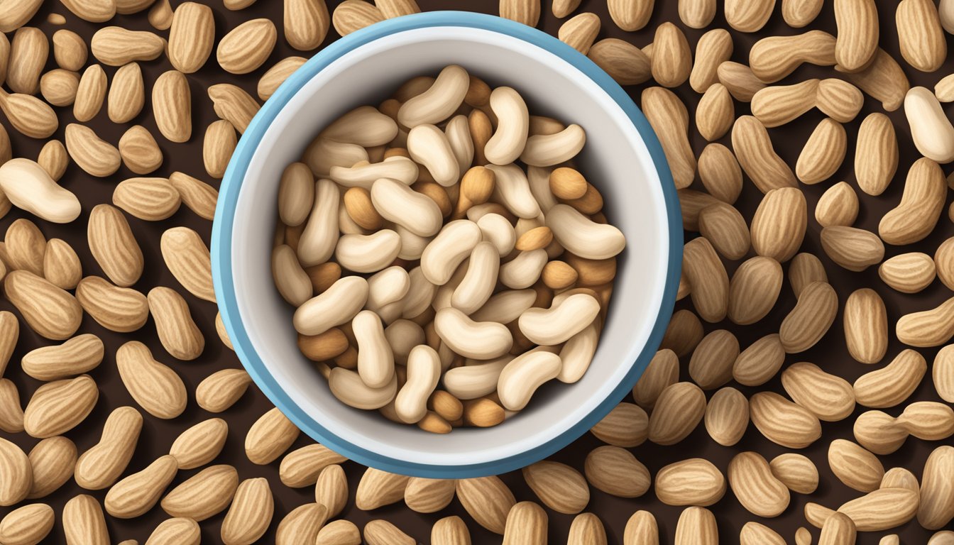 A pound of peanuts spills out of a measuring cup, surrounded by various types of peanuts in their shells