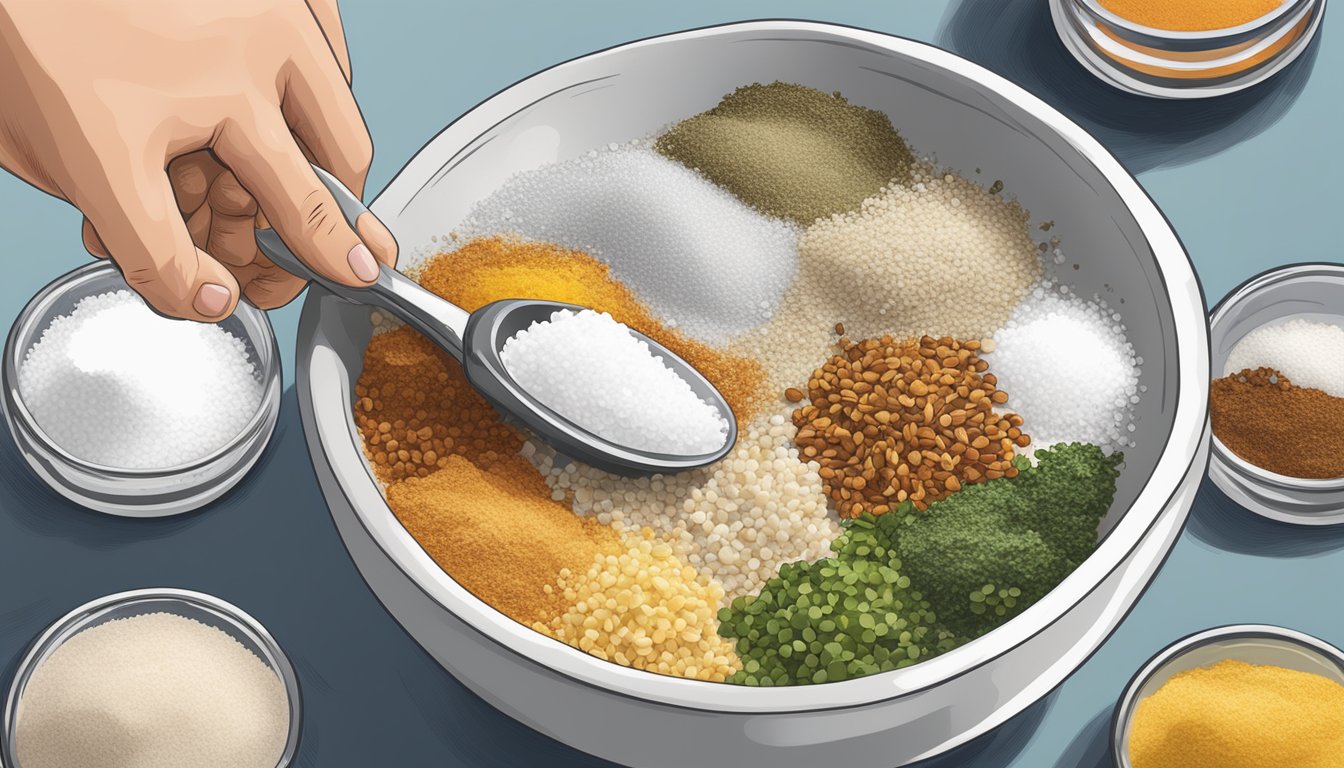 A hand holding measuring spoons over a bowl of salt and various seasonings