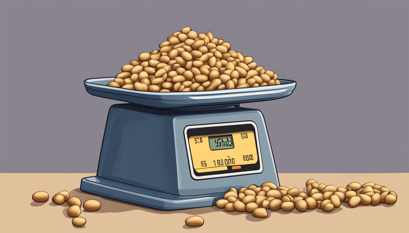 A pile of shelled peanuts spilling out of a measuring cup next to a scale showing one pound