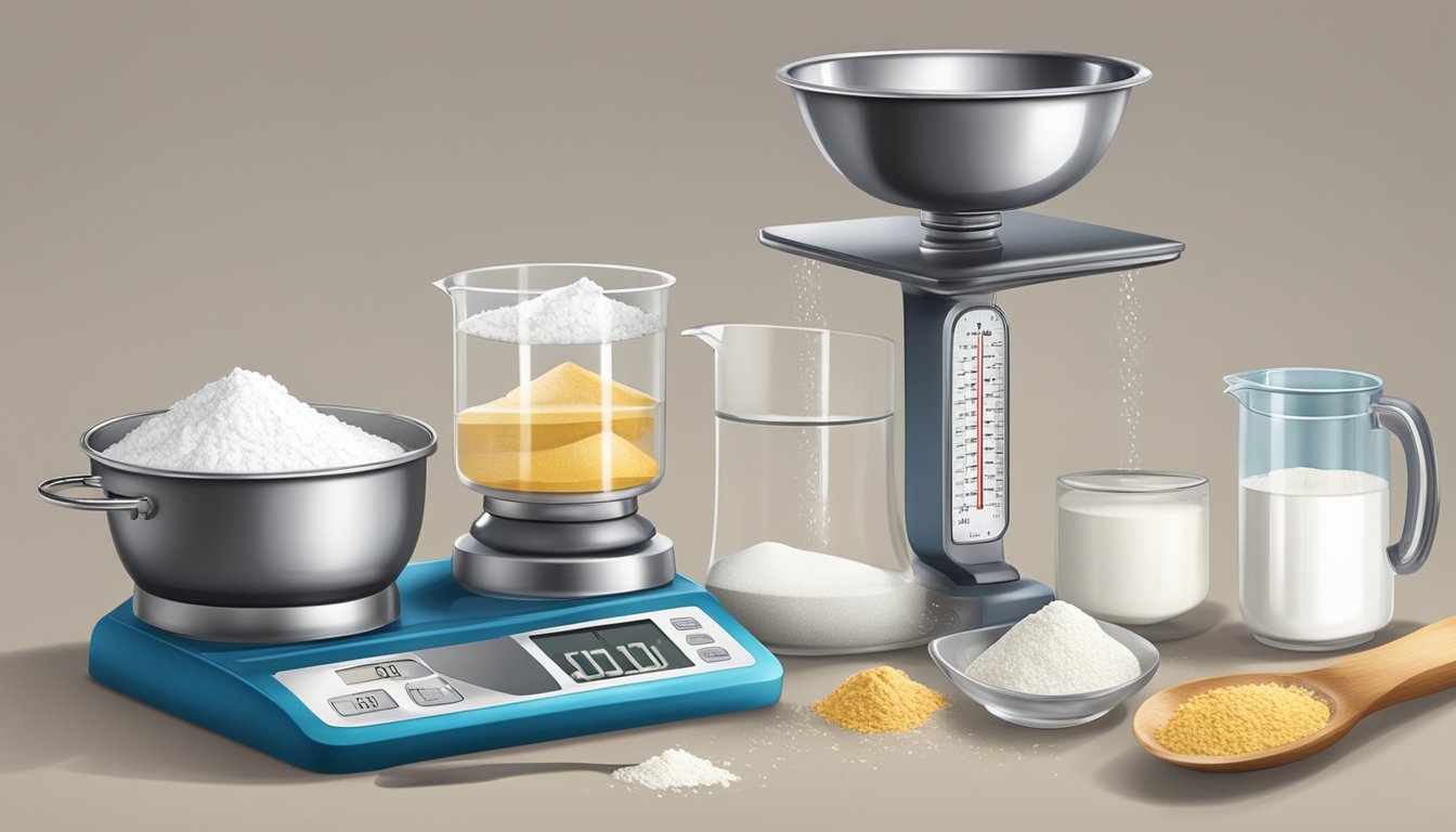 A kitchen scale with measuring cups and spoons, alongside various food items like flour, sugar, and water