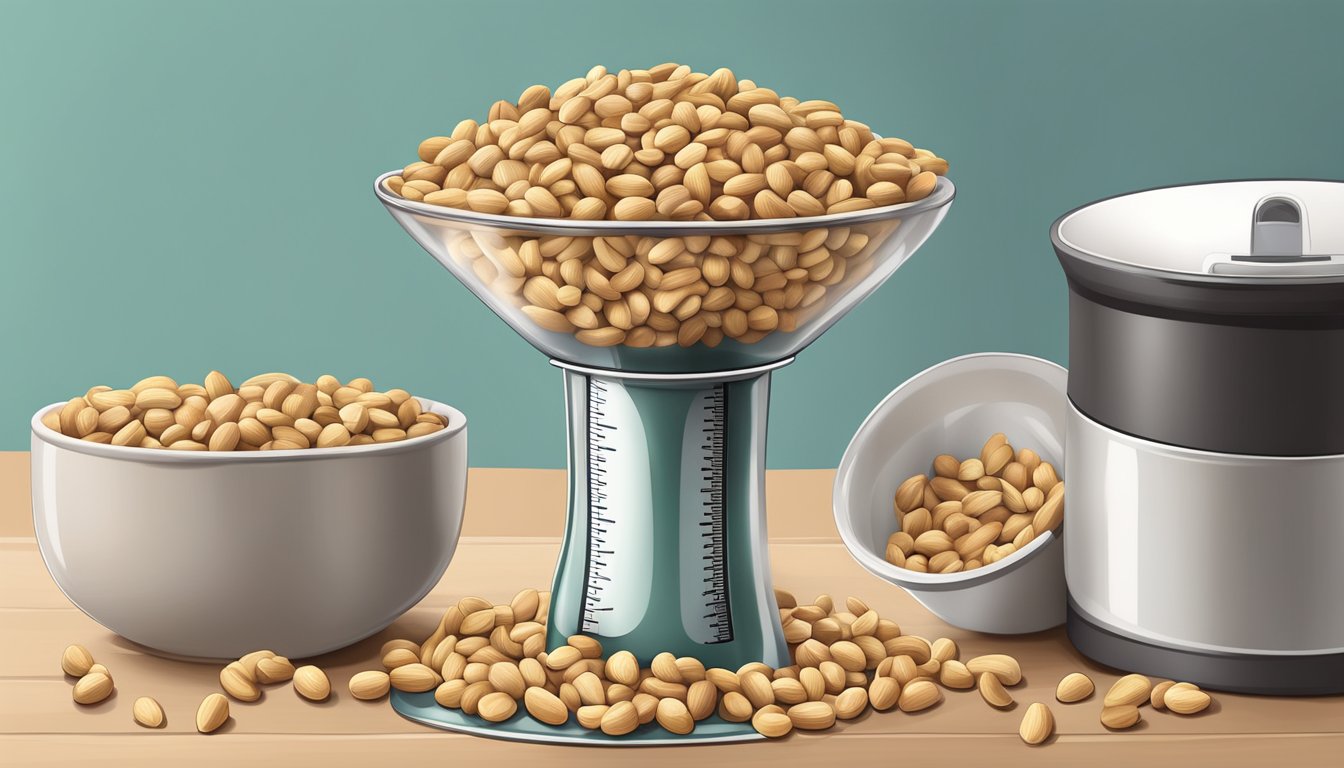 A measuring cup filled with peanuts spilling out of a bag onto a kitchen scale