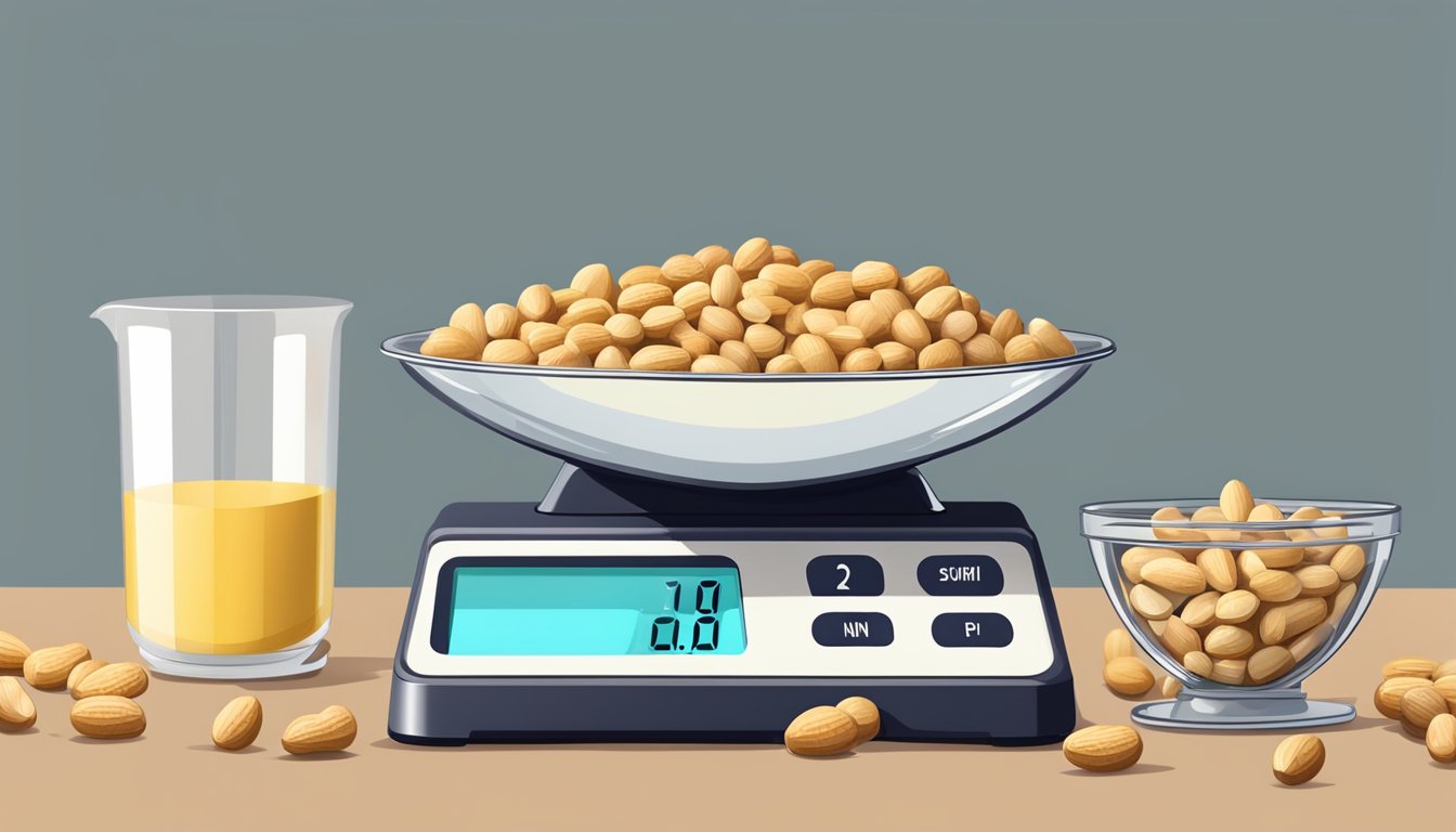 A measuring cup filled with peanuts next to a digital scale displaying the weight in pounds