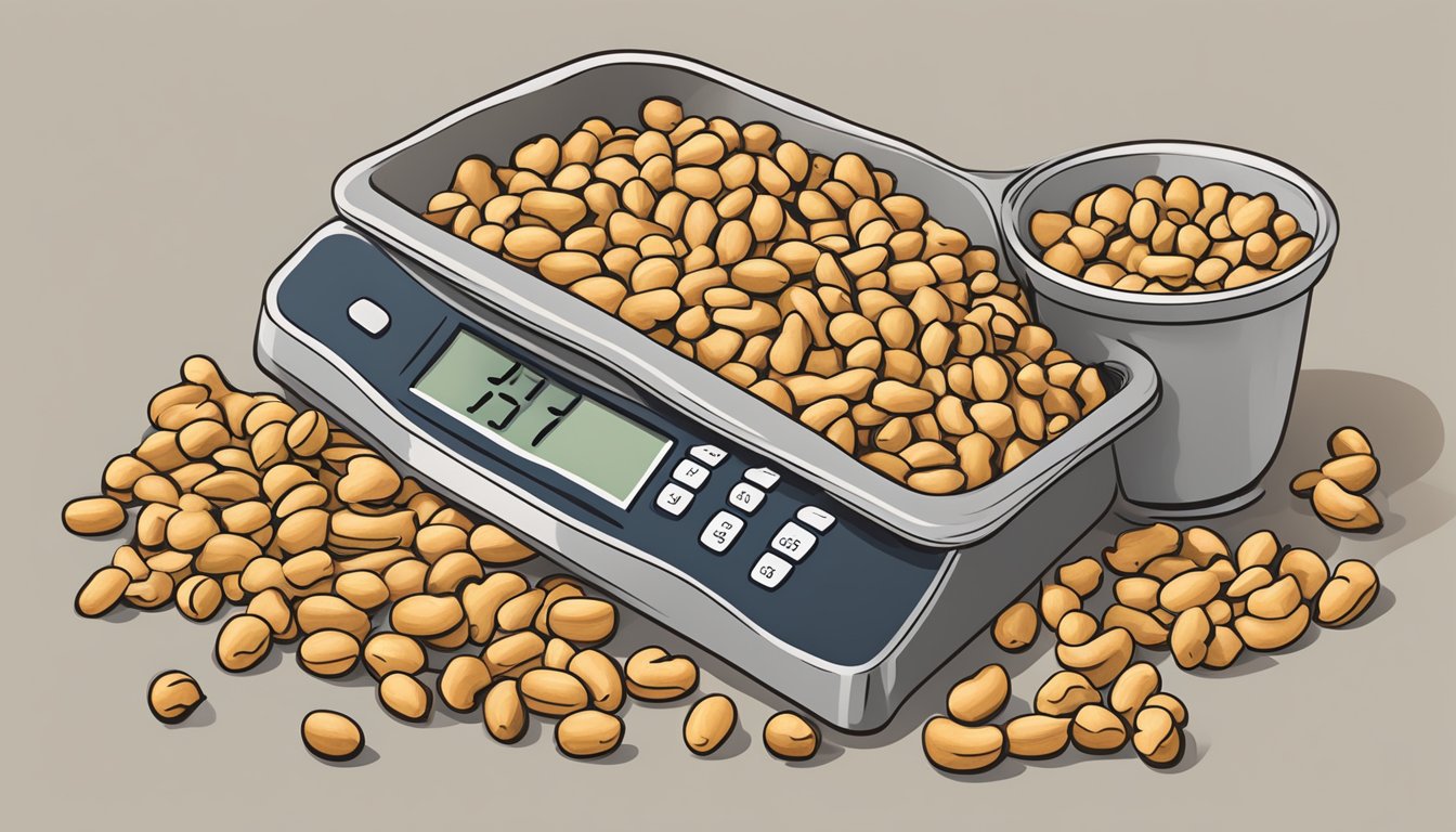 A pile of peanuts spilling out of a measuring cup, with a pound weight and a calculator nearby