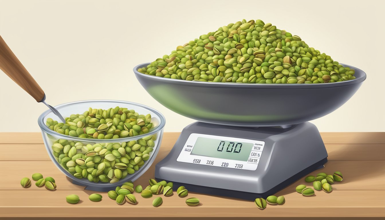 A mound of pistachios spills from a scale, with a measuring cup alongside