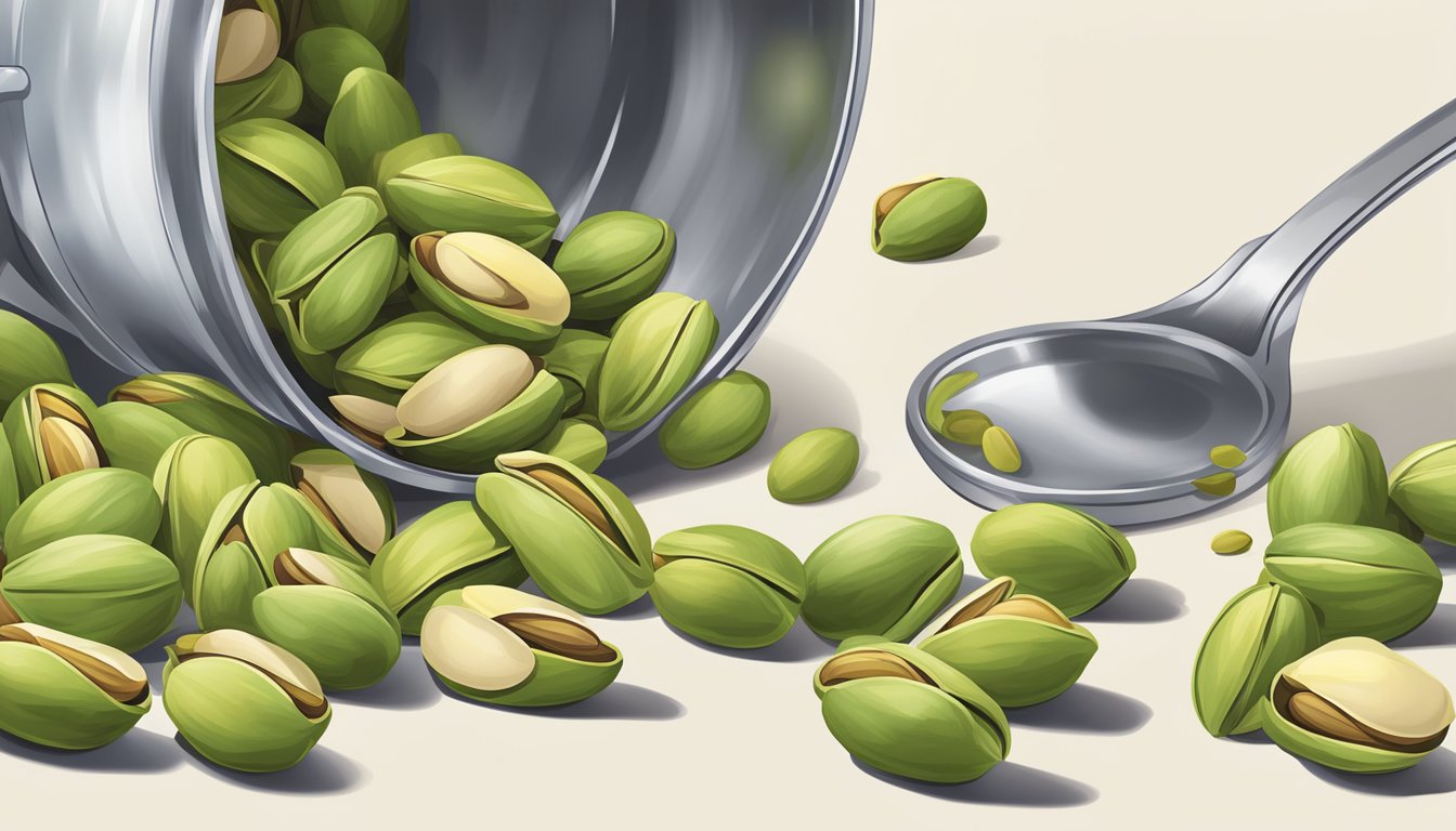 A pound of pistachios pouring into a measuring cup, with additional cups nearby