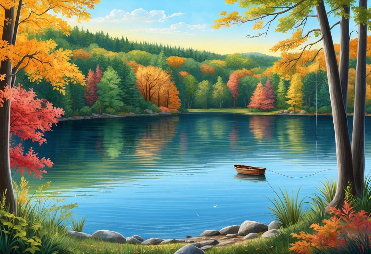 A serene lake surrounded by changing foliage, with a small boat or fishing line indicating seasonal water conditions