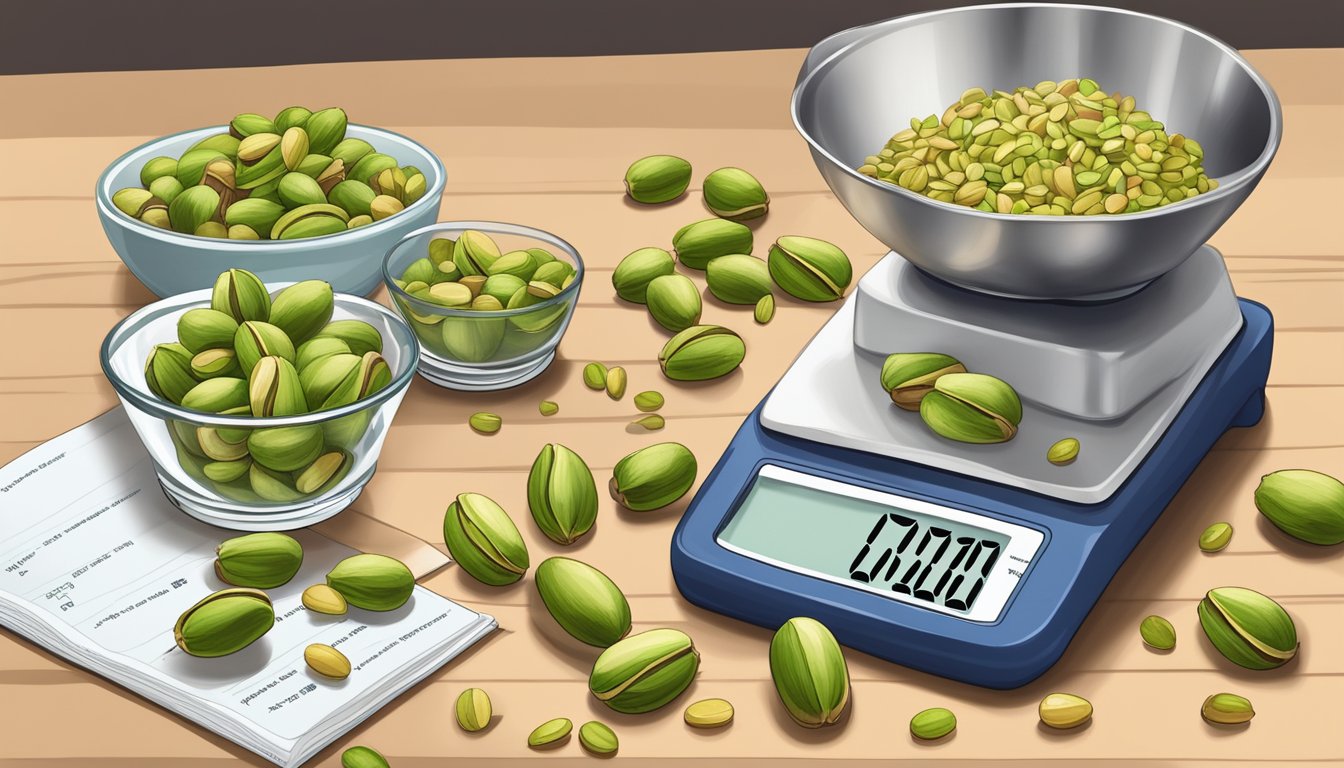 A pound of pistachios spills out onto a kitchen scale, while measuring cups and a baking recipe book sit nearby