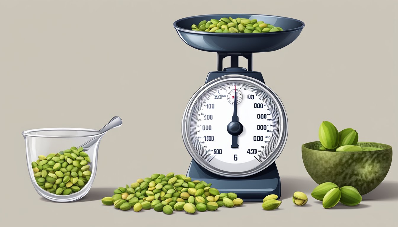 A scale with a pound of pistachios and a measuring cup