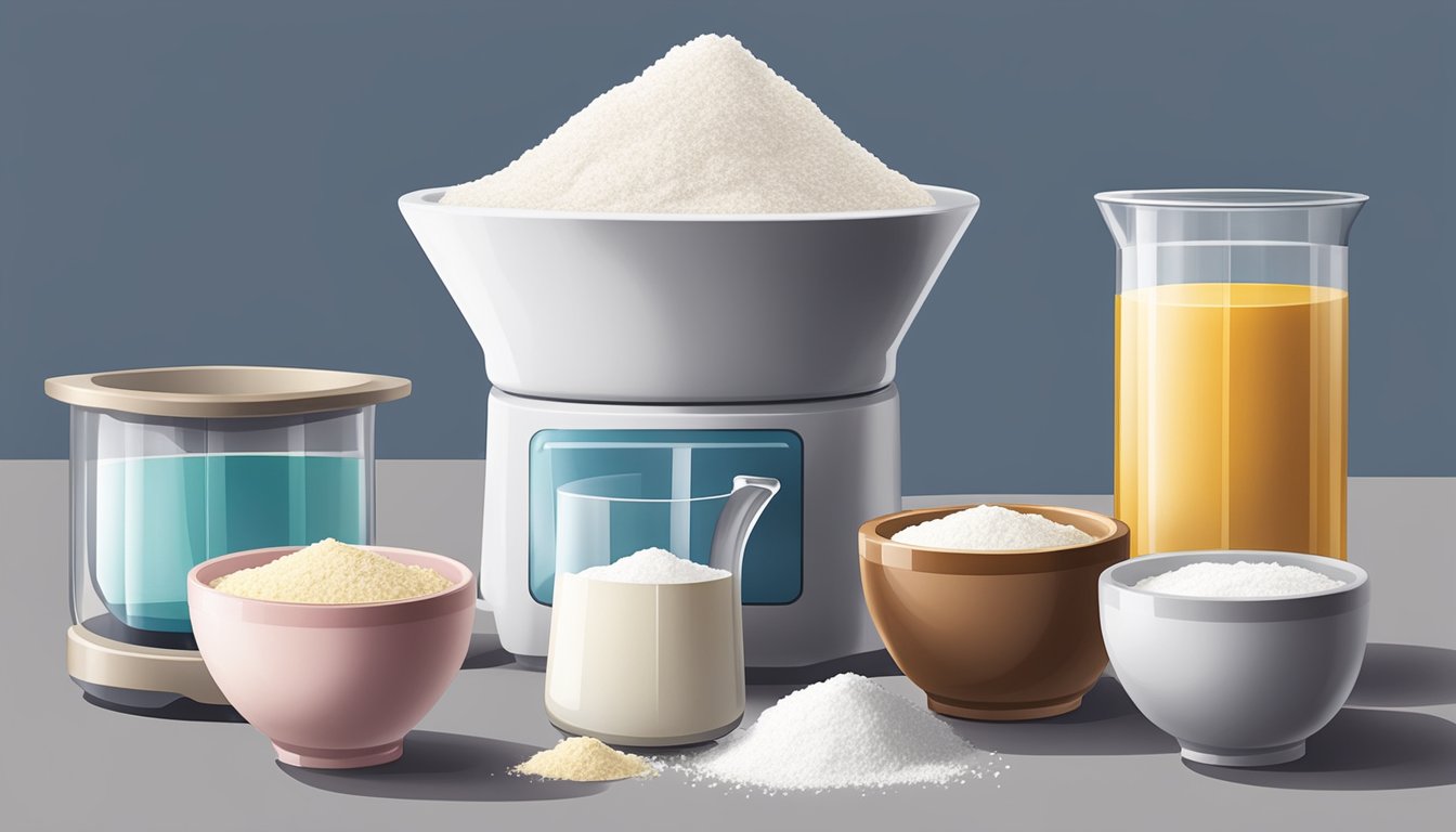 A measuring cup filled with flour next to a scale showing one pound. Different types of sugar arranged in small bowls for comparison