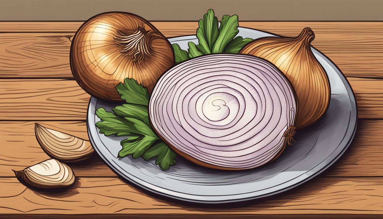 A medium onion sliced into 8 even pieces on a wooden cutting board