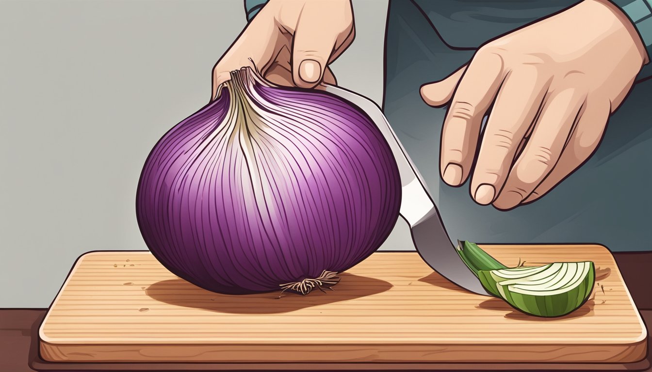 A medium onion being sliced into thin, even slices on a cutting board