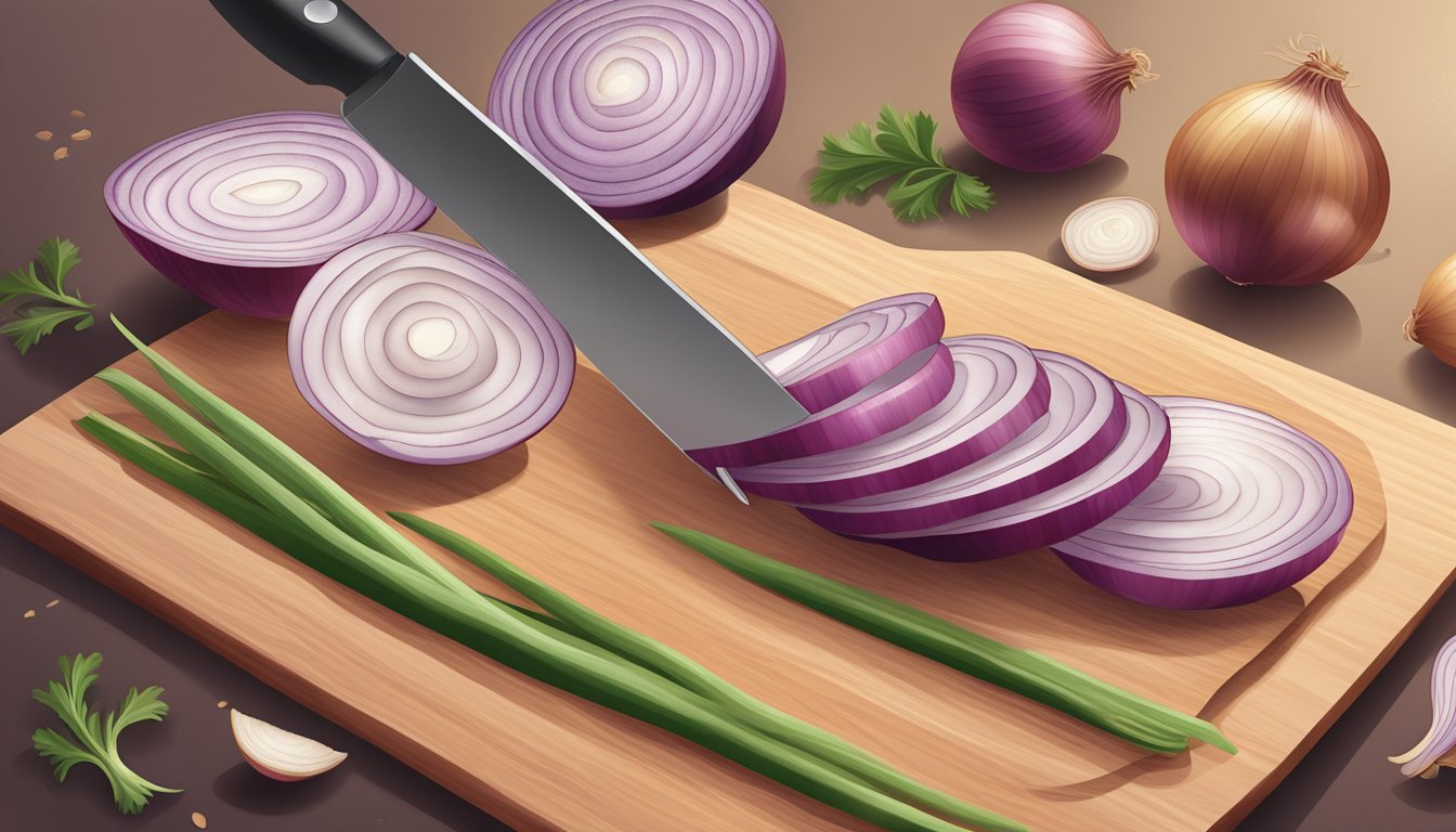 A medium onion being sliced into thin, even slices on a cutting board