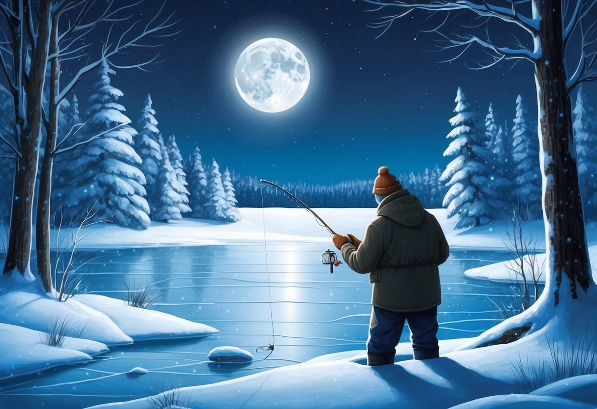 A lone figure fishes under the moonlight on a frozen lake, surrounded by snow-covered trees and the quiet stillness of a winter night