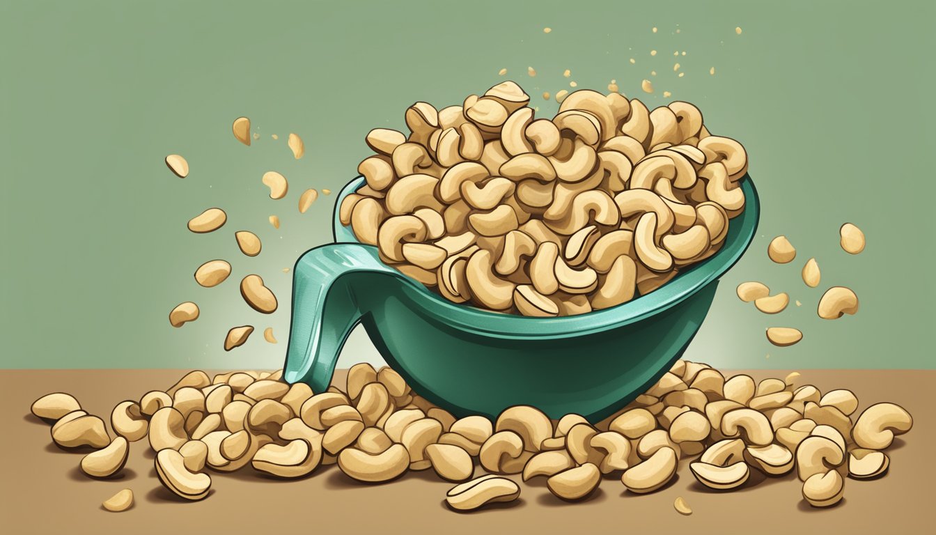 A pound of cashews pouring into a measuring cup, spilling over slightly