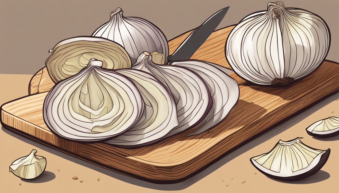 A medium onion being sliced into thin, even slices on a cutting board